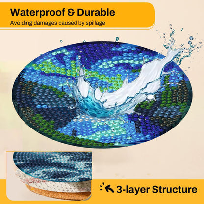 Northern Lights 8 Pcs Diamond Art Coasters Kits for Adults with Holder Cork Pads, DIY Non-Slip Diamond Painting Coasters for Home Office Decor 4x4in (Aurora)