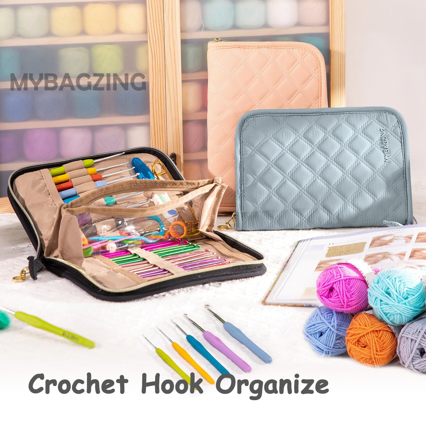 MYBAGZING Crochet Hook Case – Empty Organizer with 24 Slots for Crochet Hooks & Ergonomic Aluminum Crochet Needles, Zipper Pocket for Accessories and Supplies