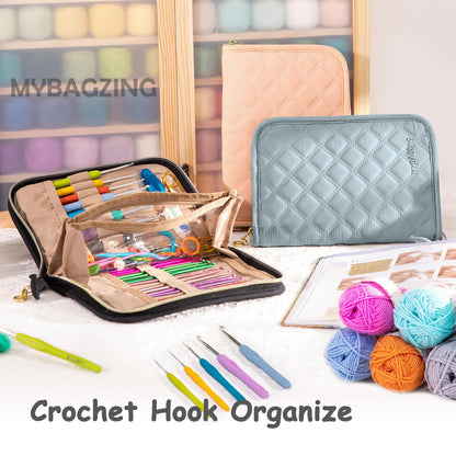 MYBAGZING Crochet Hook Case – Empty Organizer with 24 Slots for Crochet Hooks & Ergonomic Aluminum Crochet Needles, Zipper Pocket for Accessories and Supplies