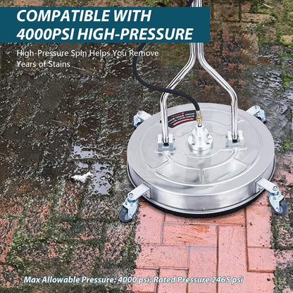 Takywep Heavy Duty Stainless Steel Pressure Washer Surface Cleaner – Dual Handle, 4 Wheels, 2 Nozzles, 3/8" Quick Connect, 4000 PSI – for Driveways, Patios, Decks, Sidewalks – Disc Diameter 24"