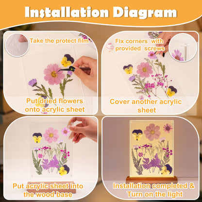 Okayera Dry Flower Frame Night Light, Bedroom DIY Pressed Flowers Kits Lamp With Sapele Wood Base, Home Living Room Decoration Gifts Idea For Mother Friend Lover