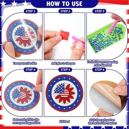 Shellwei 8 Pcs 4th of July Patriotic Diamond Painting Coasters Memorial Day USA Star Diamond Art Coasters with Holder 250th Anniversary Painting Kits Independence Day Decors for Adults DIY Craft Gift