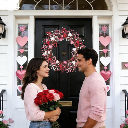 Ouddy Decor 20'' Valentine's Wreath for Front Door with Artificial Red Pink White Wooden Heart Shaped Berries for Valentines Gifts Romantic Night Event Anniversary Wedding Engagement Home Decorations