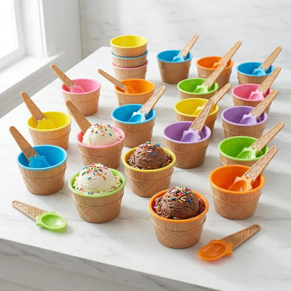 24 Pack 6 Set Frozen Summer Lawei Plastic Ice Cream Bowls with Spoons, Reusable Fun Ice Cream Cups Bulks, Cartoon Candy