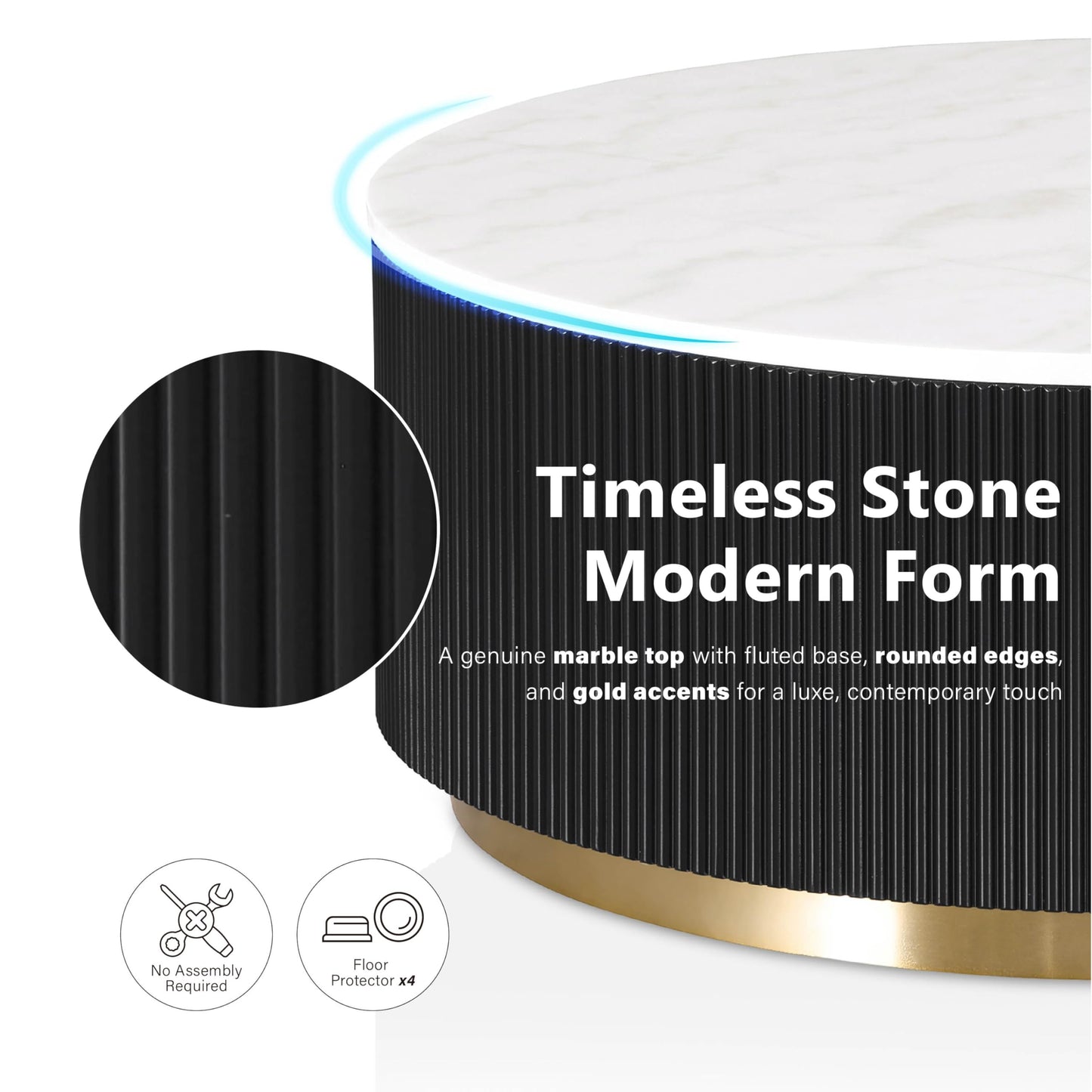 Furniture of America Beryl Modern Round White Genuine Marble Top Coffee Table with Fluted Pedestal Base and Gold Stainless Steel Accent, Low Profile Table for Living Room, Home Office, Black