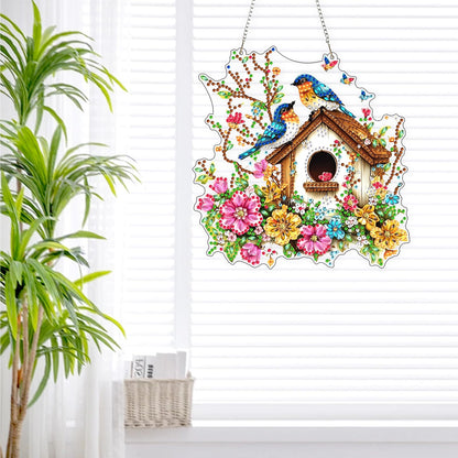 Lxmsja DIY Colorful Birdhouse Diamond Painting Hanging Ornament, Double-Sided Acrylic Flowers Branches Diamond Art Kit, Special Shaped Suncatcher Hanging Pendant Window Art Kit 8x7 inch