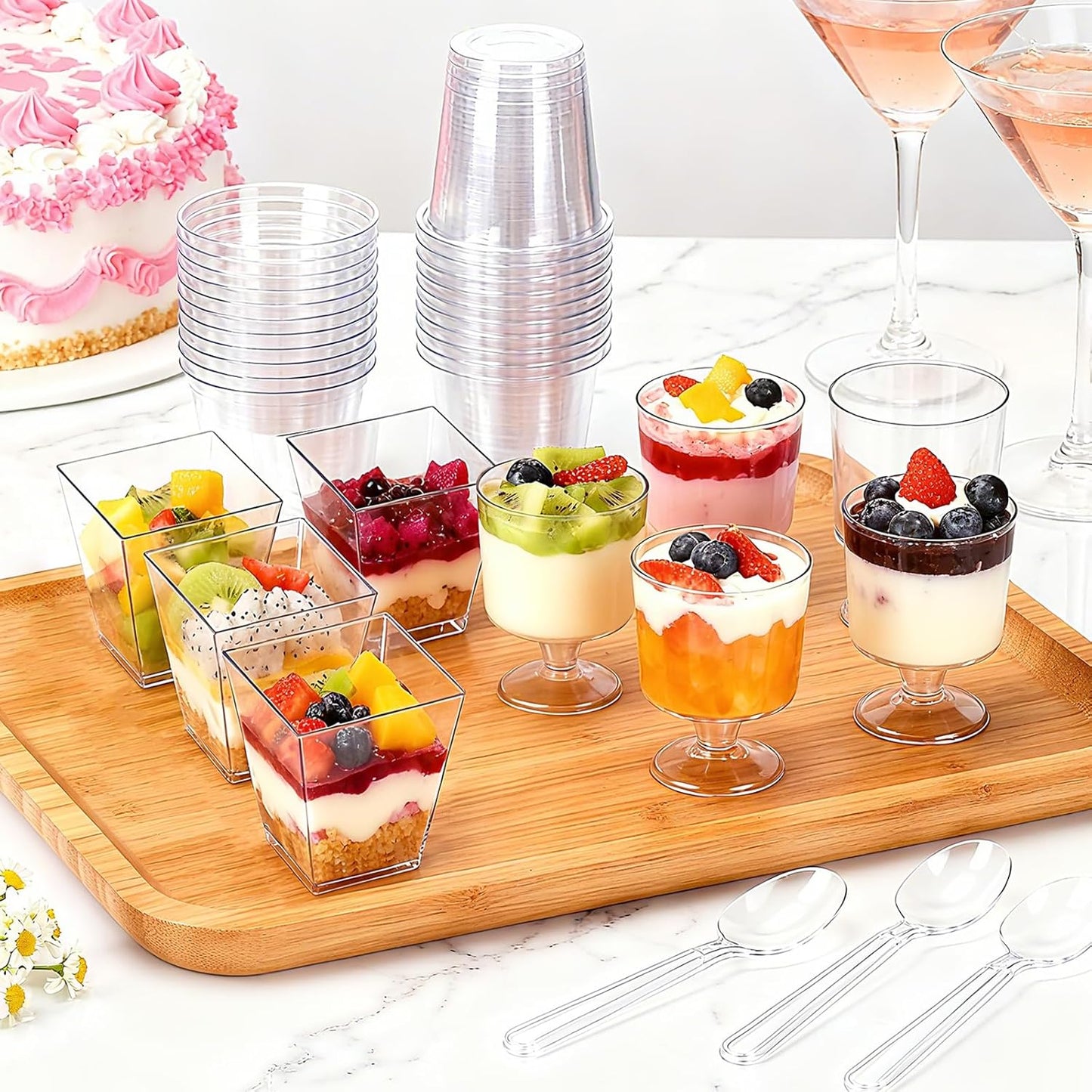 200 Pack 5 oz Plastic Dessert Cups with Spoons, Disposable Parfait Shooter Pudding Jello Cups Goblets for Party, Clear