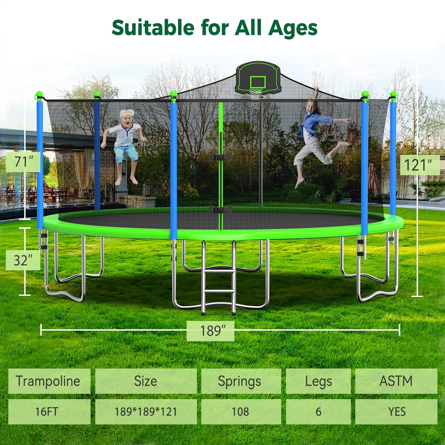 Tatub 16FT Trampoline for Kids and Adults, Outdoor Recreational Trampolines with Basketball Hoop & Enclosure Net, Green