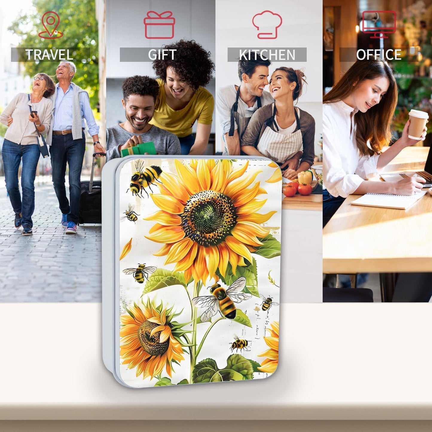 ETLKJVBL Metal Tin Box Sturdy Metal Storage Box with Lid, Large Container Holder for TCG Cards,Car Keys,Cookies,Tin Containers for Gift,5.0x3.7x1.6 Inch,Exquisite Pattern Design(Bee Sunflowers)