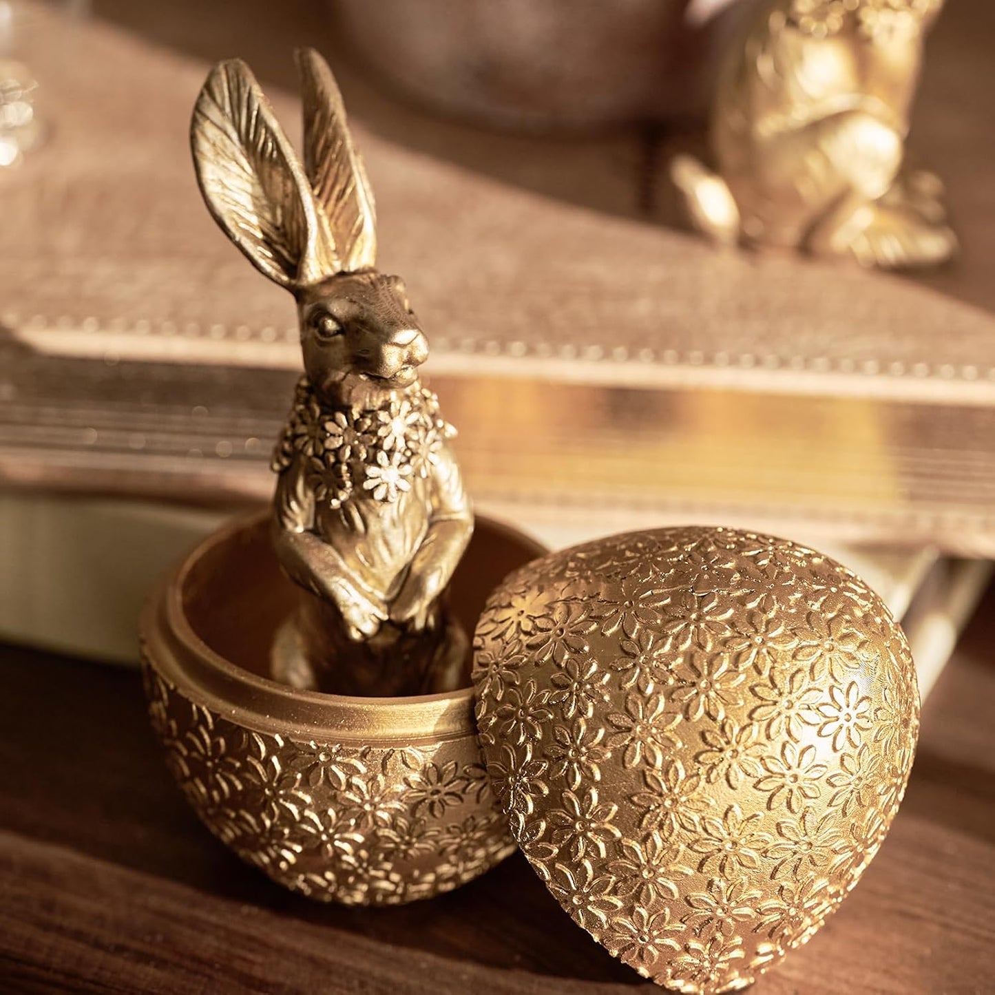 6PCS 3 3 DN DECONATION Easter Decorations with Rabbits and Nesting Easter Eggs, Small Gold Easter Bunny Figurines