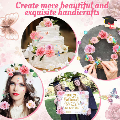 Dunzoom Pink 80 Pcs DIY Graduation Cap Decorations Kit Faux Flower Heads 3D Butterfly Stickers Bow Pearl Rhinestone Stickers Glitter Paper and Ribbon Bows for 2026 Grad Cap Topper Graduation Party