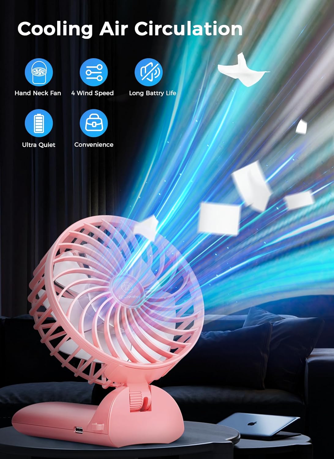JZCreater Mini Handheld Fan, Portable 15H Cooling Fan, Quiet 4 Speed USB Rechargeable Desk Fan for Travel, Outdoor, Home