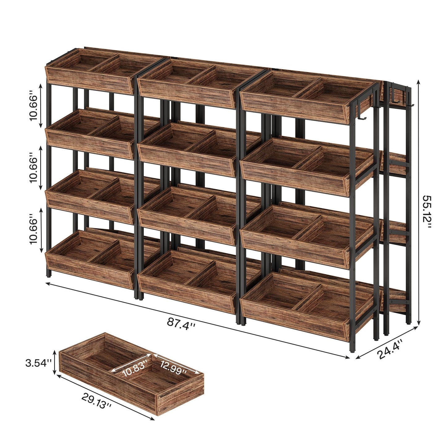 Tribesigns 4-Tier Retail Display Rack Set of 6, Heavy-Duty Commercial Display Stand for Candy, Vegetables, Snacks, Industrial Storage Shelf with Hooks for Retail Store (6, Brown+Black)