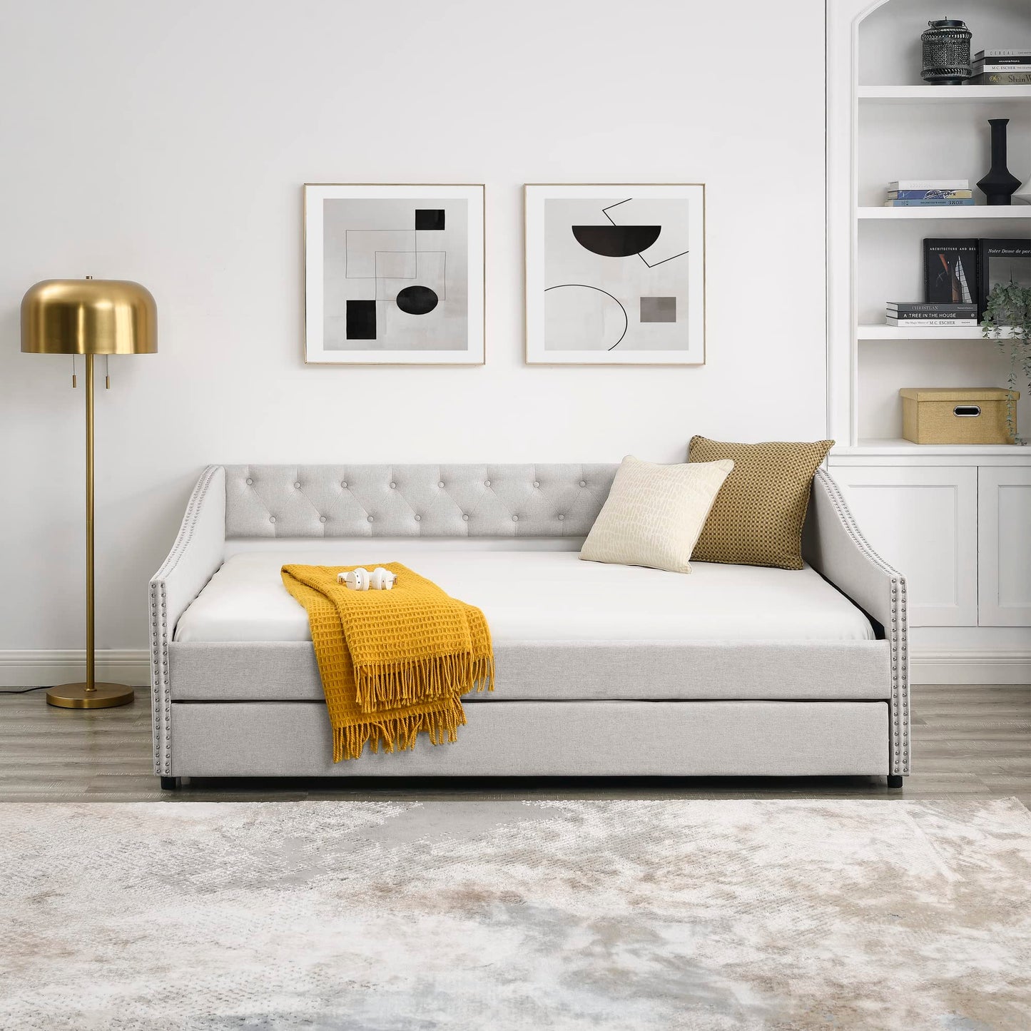 Favfurish Full Size Daybed with Twin Size Trundle, Upholstered Tufted Sofa Bed, with Nailhead Trim,with Button on Back,for Bedroom,Livingroom,Small Space,Beige (80.5''x55.5''x27.5'')