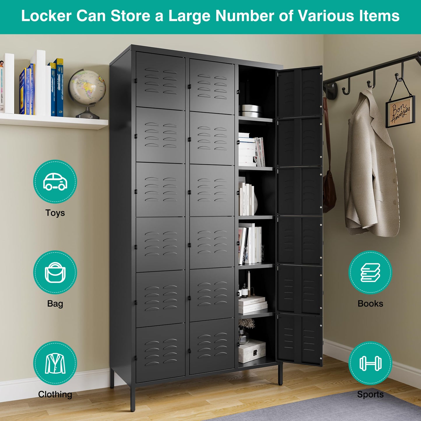 SISESOL Metal Lockers for Employees,Lockable Storage Locker with Shelf,Large Lockers for Storage with Leg,Gym Locker,Steel Employee lockers for Home Office School Gym Garage (Black,18 Door)