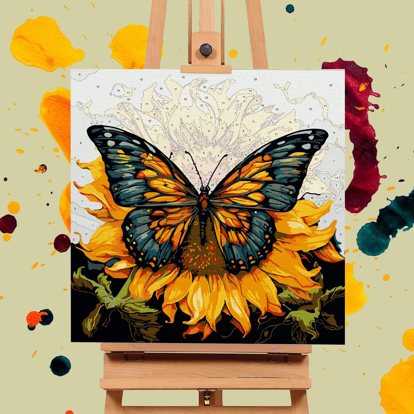 Framed Paint by Numbers Kit for Adults Beginners & Kids Ages 8-12, Butterfly Sunflower Acrylic Easy Paint by Number with Frame, Number Painting Kits on Canvas Framed (12 * 12 Inch, without Easel)