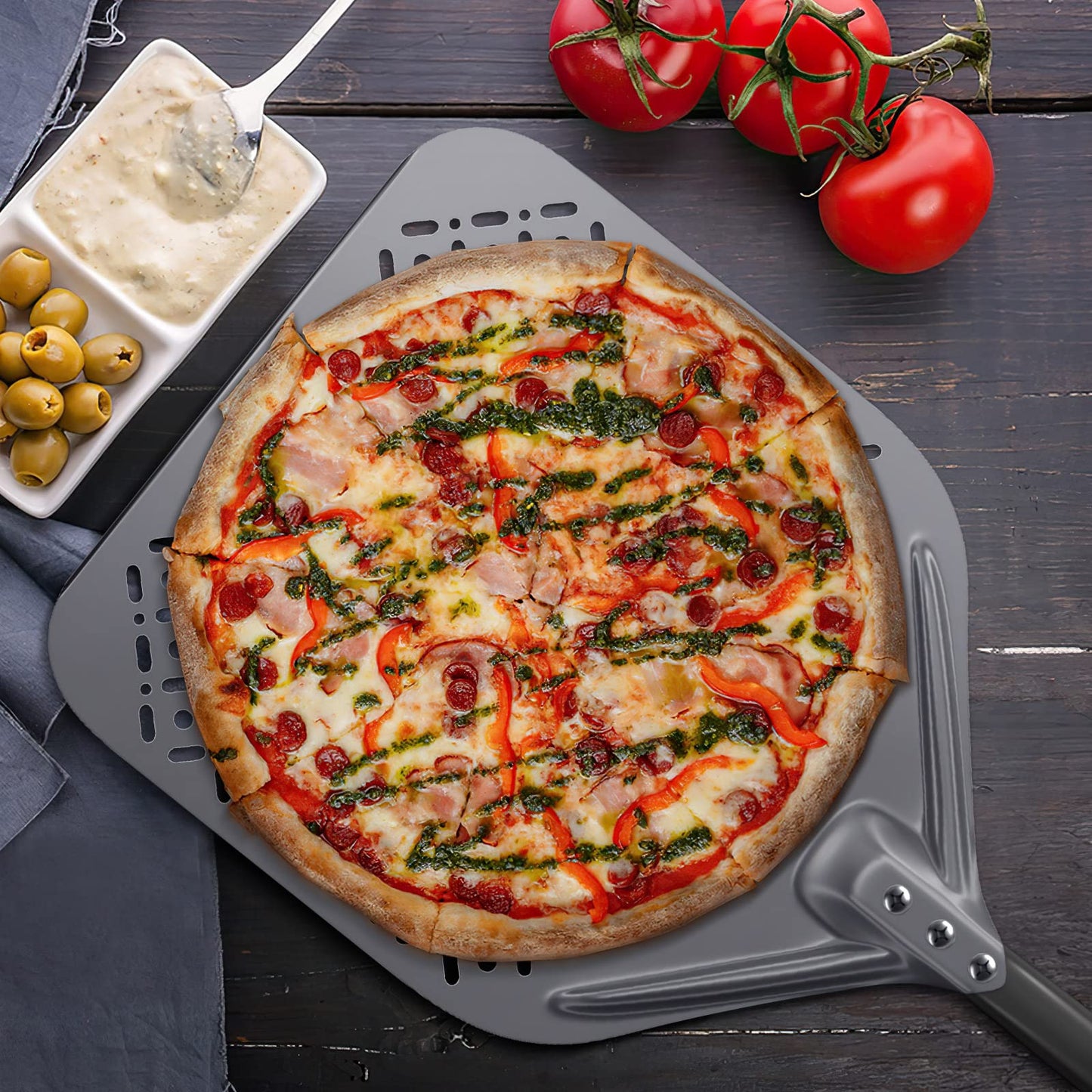 NUTUNI 12 Inch + 9 Inch Pizza Peel Set, Perforated Pizza Turning Peel, 12" x 14" Professional Aluminum Pizza Paddle for Homemade Pizza, Pizza Oven Accessories
