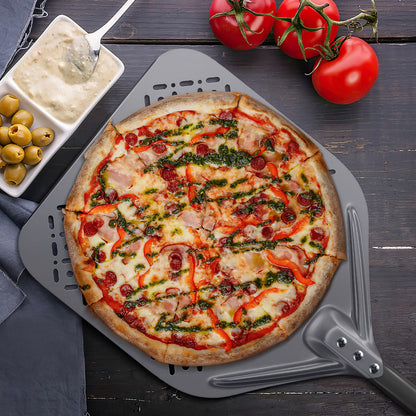 NUTUNI 12 Inch + 9 Inch Pizza Peel Set, Perforated Pizza Turning Peel, 12" x 14" Professional Aluminum Pizza Paddle for Homemade Pizza, Pizza Oven Accessories