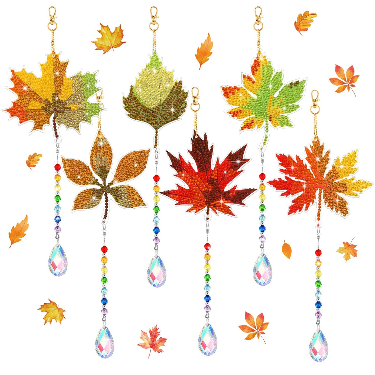 Yeaqee 6 Pcs Fall Diamond Art Keychain Kits for Adults Maple Leaves Diamond Painting Wind Chimes Double Sided 5d DIY Rhinestone Hanging Ornaments Thanksgiving Sun Catcher Crystal Pendant Keyrings