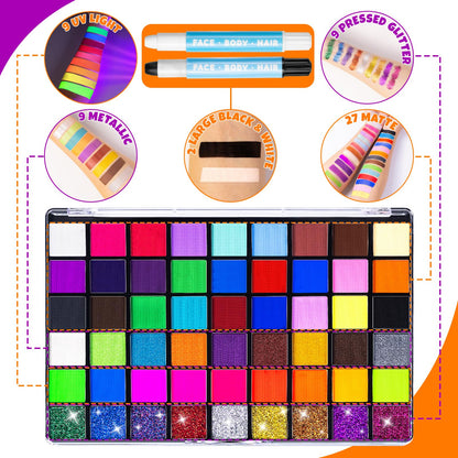 Trandpter 54 Color Face Painting Kit for Kids, Non-Toxic Face Paint Makeup Kit| with Stencil, Guide Book, Easy to Use and Washable Facepaint Makeup Kit for Halloween, Cosplay, School Event