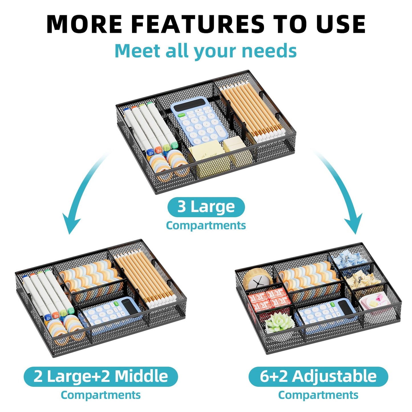 Marbrasse 2 Pack Desk Drawer Organizer, Mesh Drawer Organizer Tray with 8 Adjustable Compartments, Desk Organizers and Accessories, 5 Dividers Drawer for Office Supplies, Makeup & Vanity (Black)