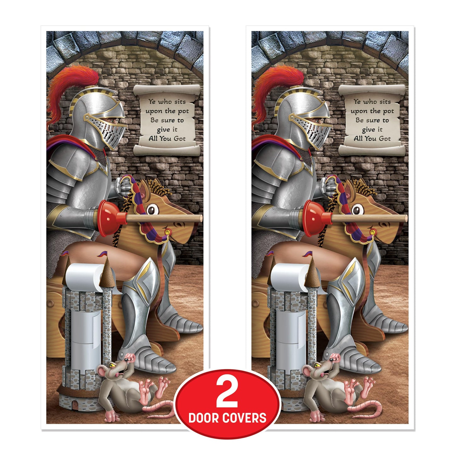 Beistle Knight Restroom Door Cover – 2 Pack, Medieval Castle Bathroom Party Decorations, Funny All-Weather Plastic Backdrop for Renaissance Fairs, Festivals, Birthday Parties, Themed Events, 6’ x 30”