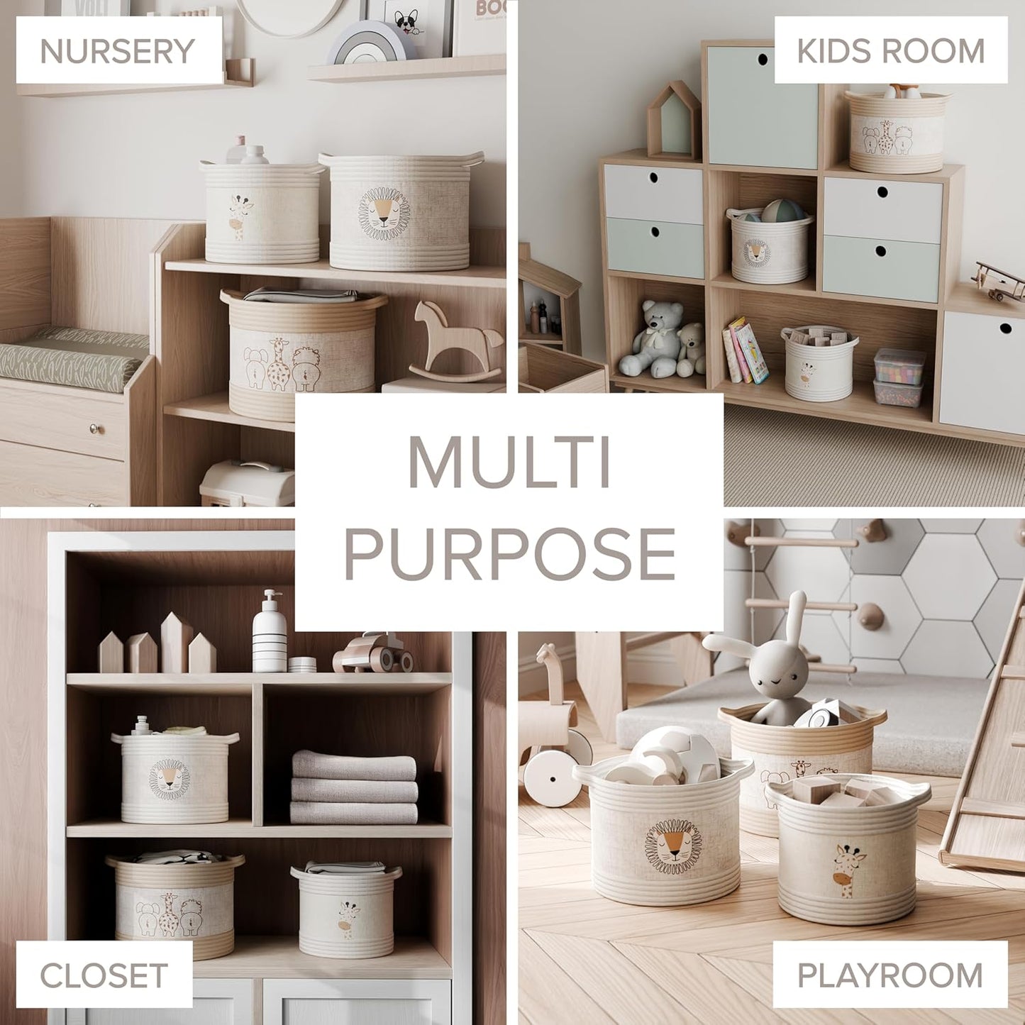 Set 3 RGI Home Decorative Storage Baskets with Safari Animal Prints of Round Fabric Rope and Linen Organizer Bins