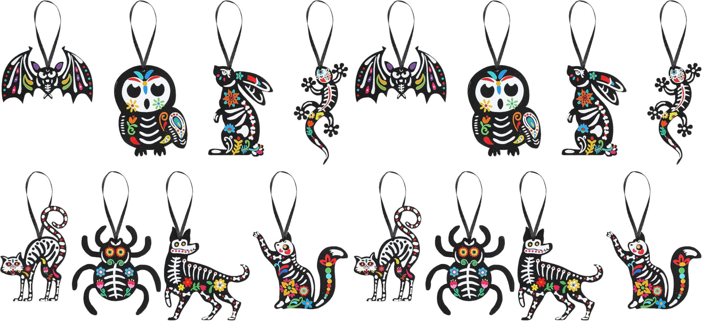 CCINEE 24Pcs Dia De Los Muertos Felt Ornaments, Mexcian Skeleton Halloween Ornaments for Day of The Dead Themed Party School Bags Indoor Outoor Tree Hanging Decorations (Pack of 2)