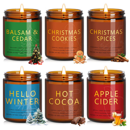 Christmas & Winter Candle Gift Set, 6 Pack 7oz Soy Scented Candles for Home, Holiday & Birthday Gift for Women & Men, Balsam Cedar, Christmas Cookies & Spices, Apple Cider, Hot Cocoa & Hello Winter