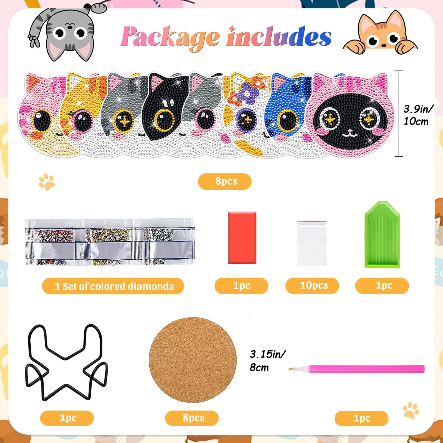 ZTOTZ Cat Diamond Art Painting Coaster Kit, 8Pcs DIY Cute Cat Face Diamond Crafts Kit with Holder, Non Slip Coaster Art Supplies for Adults, The Perfect Christmas and Holiday Gifts