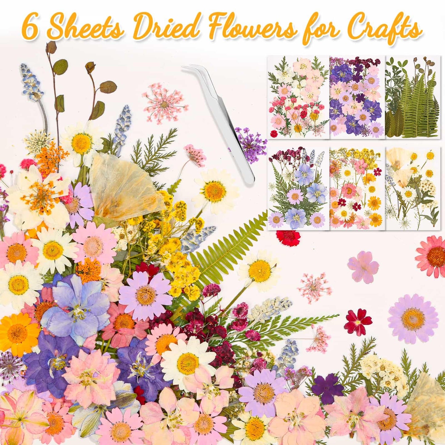 124 Pcs Dried Pressed Flowers for Resin Crafts, Real Pressed Wildflowers Natural Dry Leaves Bulk with Tweezer for Epoxy Resin Jewelry Molds, Candle Soap Making, Scrapbook, Bookmark, Nails Decor