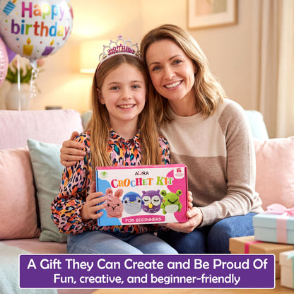 A-URA Learn to Crochet Kit for Beginners Kids and Adults, Premium 4 Animal Pattern Beginner Crochet Kits with Easy Tube Yarn & Step-by-Step Video Tutorials (Forest Friends–Standard Size)