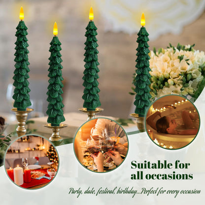 FCMSHAMD Dark Green Christmas Trees Flickering Flameless Candles with Remote and Timer, Real Wax 3D Flame Wick LED Candles, 9.8 Inch Battery Operated Candles for Christmas Home Decoration，4PCS