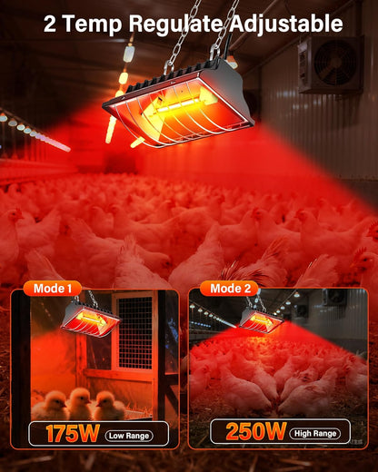 175W 250W 3M Chicken Coop Heater, ZIVASA & Dual-Mode Heat Lamp for Chickens with Cord, Adjustable Hanging Height