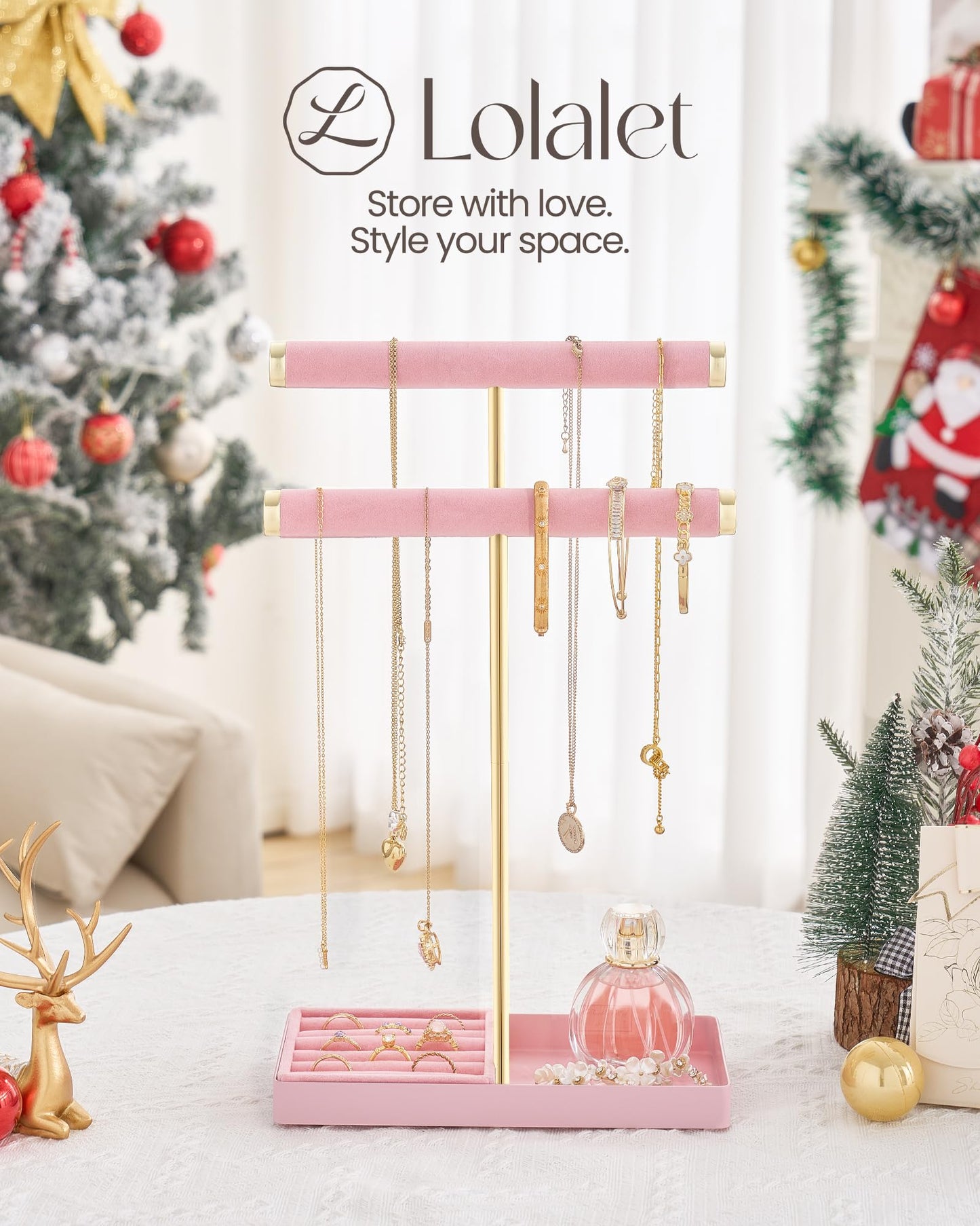 Lolalet 2-Tier Necklace Holder Display, Velvet Wrapped Jewelry Organizer with Removable Ring Tray, Tall Bracelet Stand for Bangles Watches Earrings, Gifts for Mom Girls Women Mother's Day -Pink