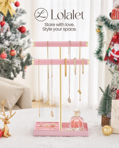 Lolalet 2-Tier Necklace Holder Display, Velvet Wrapped Jewelry Organizer with Removable Ring Tray, Tall Bracelet Stand for Bangles Watches Earrings, Gifts for Mom Girls Women Mother's Day -Pink