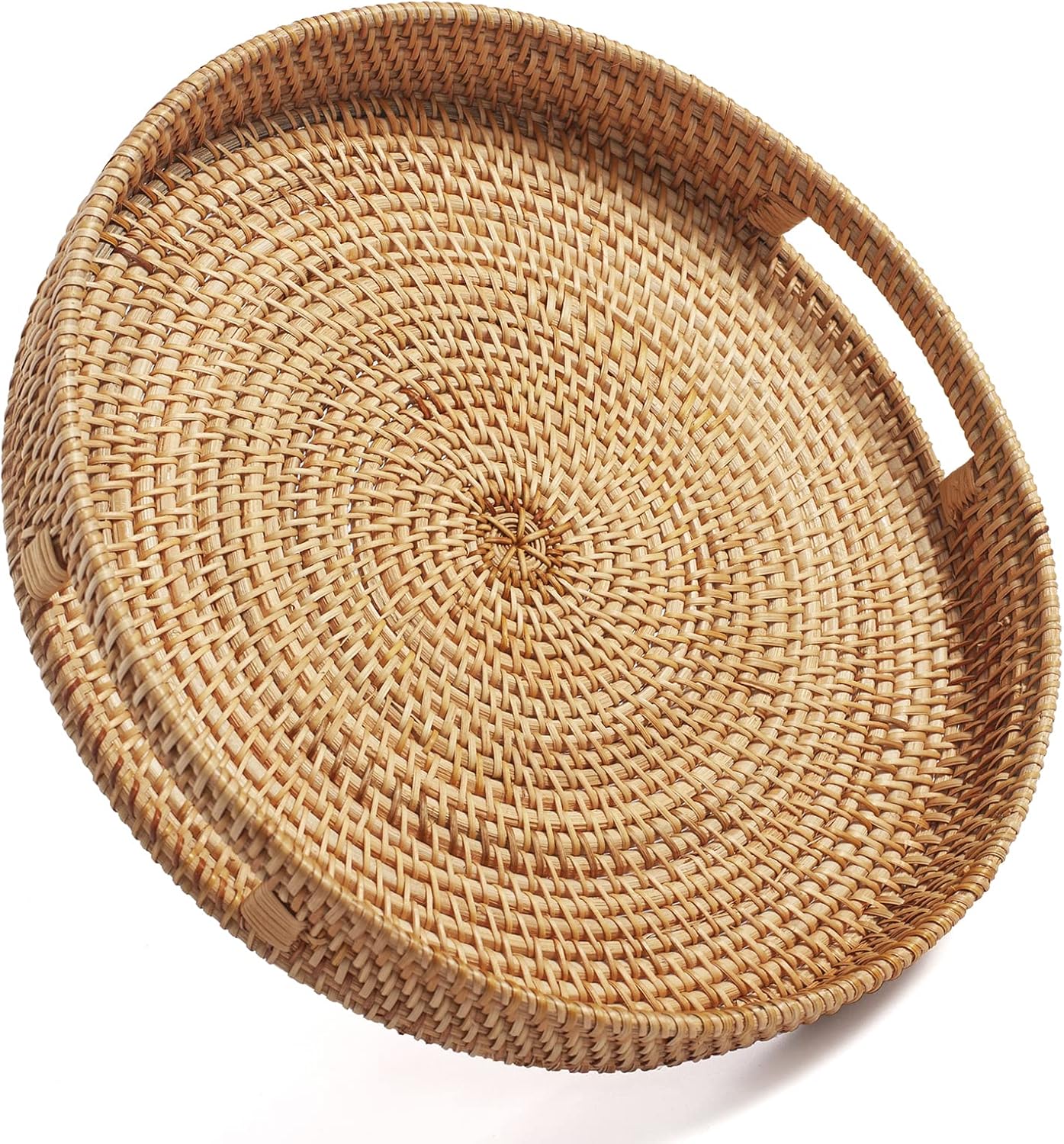 14 inch 2.4 inch) Coffee Table Tray Round Rattan Ottoman Tray Woven Serving Trays with Handles for Home and Kitchen