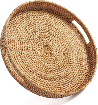 14 inch 2.4 inch) Coffee Table Tray Round Rattan Ottoman Tray Woven Serving Trays with Handles for Home and Kitchen