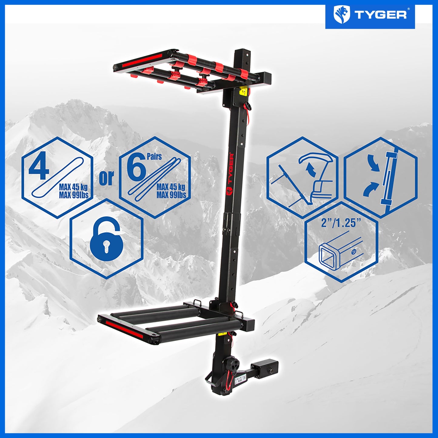 Tyger Auto TG-RK1B707B Folding Hitch-Mounted Ski/Snowboard Rack Fits 2" or 1.25" Receiver Carries 6 Pair Skis or 4 Snowboards | Key Lock | Security Strap | Vertical Adjustable | Tilt Access