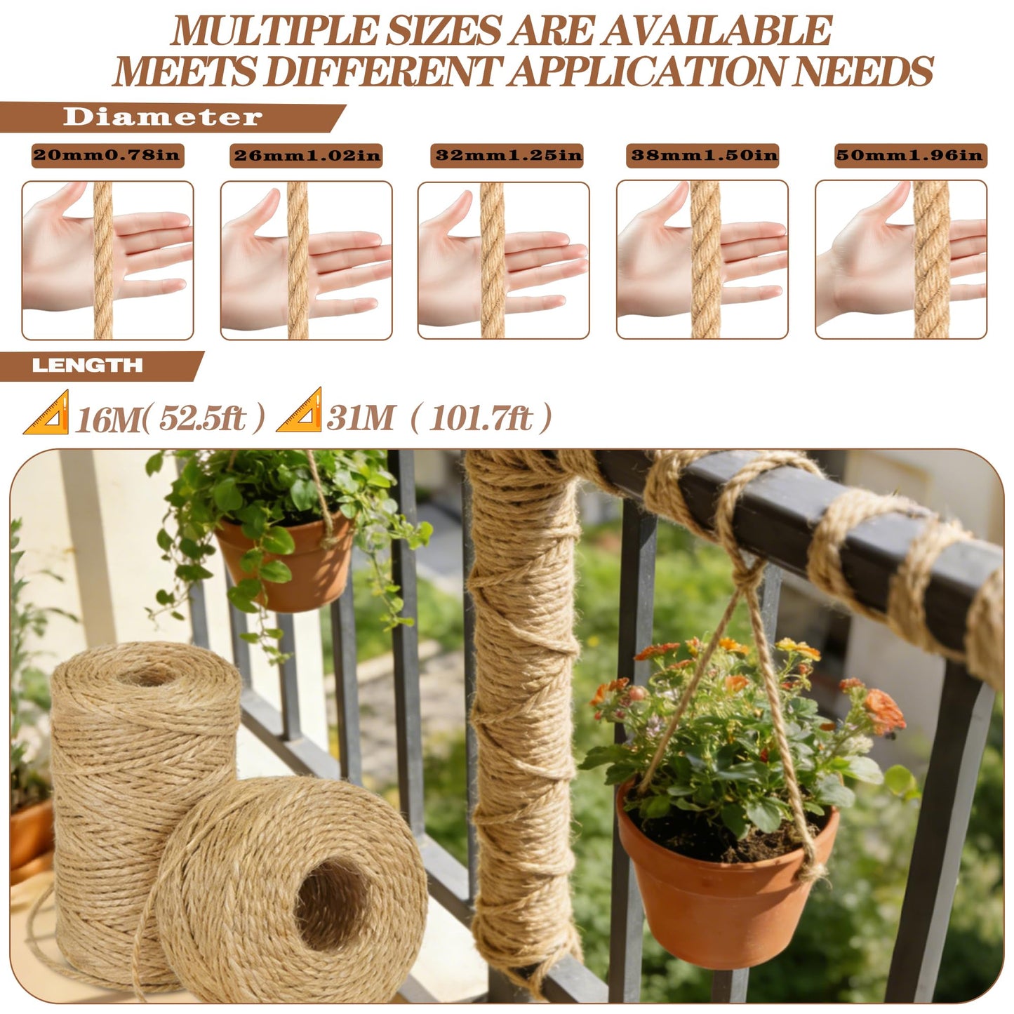 Jute Rope Natural Jute Manila Rope Nautical Hemp Rope Twisted Natural Thick Heavy Duty Ropes for Crafts, Bundling,Anchor, Hammock, Nautical, Tug of War, Railings,Decorate (1-1/2 in X 50 Ft)