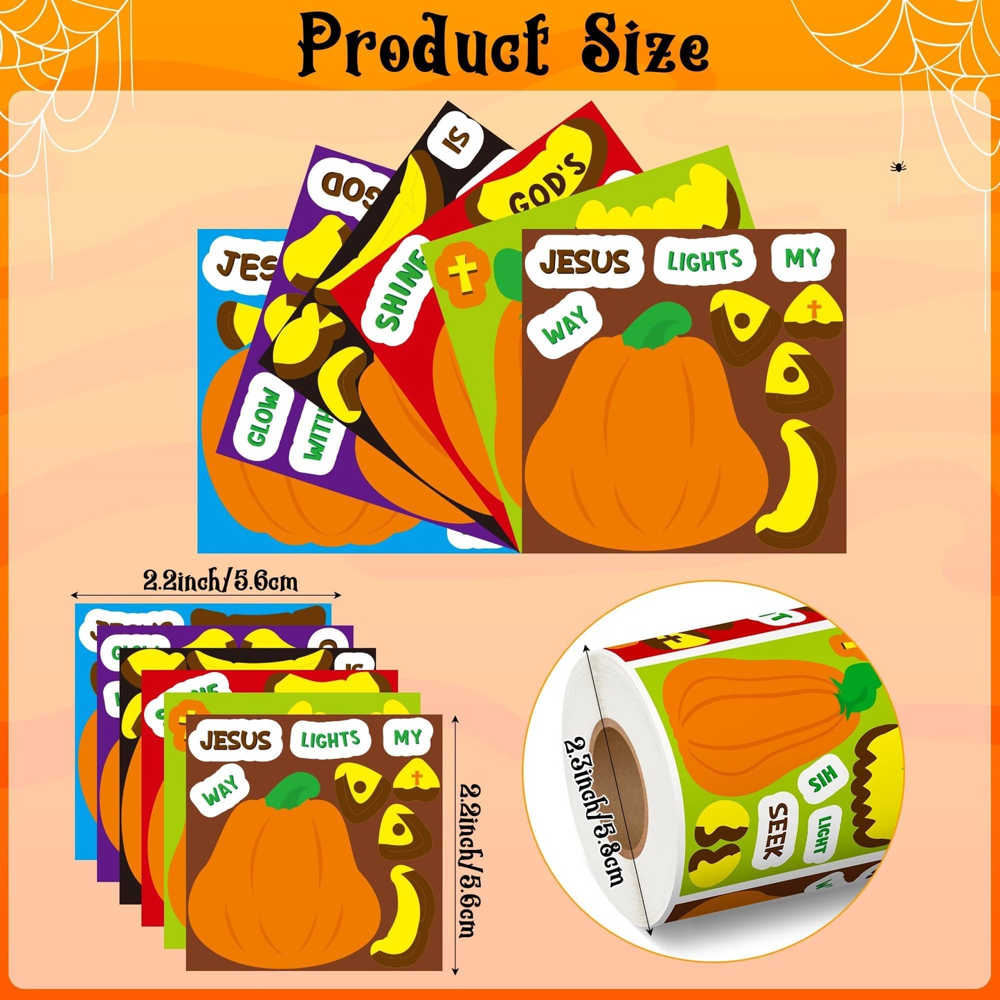 Haooryx Pumpkin Religious Sticker Roll - 300Pcs Make A Autumn Halloween Pumpkin Face Stickers Self Adhesive Waterproof Vinyl Water Bottle Page Activity Pad Fall Party Favor Scrapbook DIY Church Event