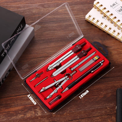 Compass Geometry Tool, 13PCS Compass and Protractors Set Math Geometry Drawing Tool Precision Set Graphic Compasses Triangle Rulers Pencils Protractor with Storage Case (Brown)