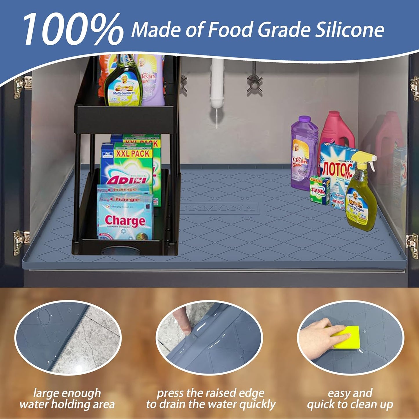 Under Sink Mat for Kitchen, 40" x 22" Silicone Waterproof Liner for Cabinet Sink Protection