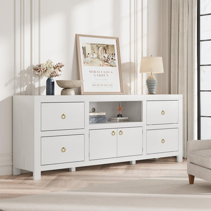 Farmhouse TV Stand for 75/80 Inch TVs, 70" Long Entertainment Center with 6 Storage Drawers & Soundbar Shelf, White Television Consoles Stands for Living Room, Bedroom