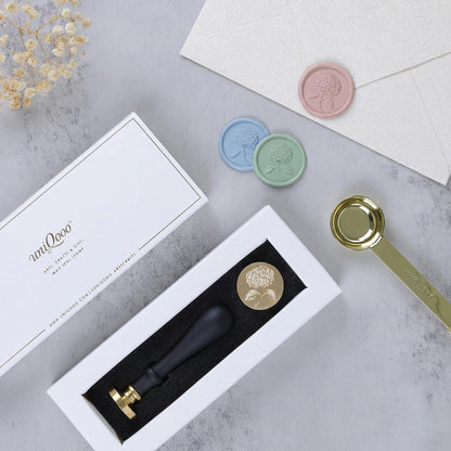 UNIQOOO 3D Embossed Relief Hydrangea Flowers Wax Seal Stamp with Wooden Handle, Floral Botanical Theme Vintage Brass Stamp for Wedding Invitation, DIY, Gift Wrap, Envelopes, Christmas Card