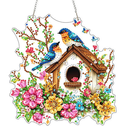 Lxmsja DIY Colorful Birdhouse Diamond Painting Hanging Ornament, Double-Sided Acrylic Flowers Branches Diamond Art Kit, Special Shaped Suncatcher Hanging Pendant Window Art Kit 8x7 inch