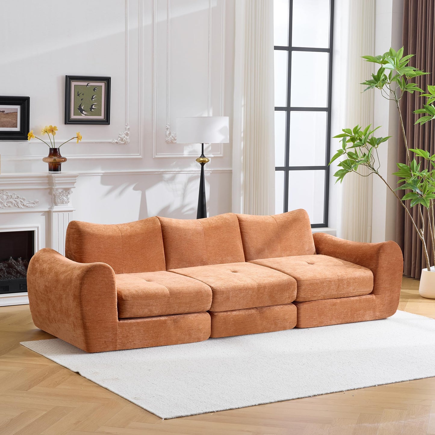 Modular Cloud Sofa, Convertible Folding Sofa Bed, Sectional Cushioned Couch with Flannelette Fabric & High Density Foam, Modern Floor Sofa for Living Room, Bedroom, Apartment, Orange