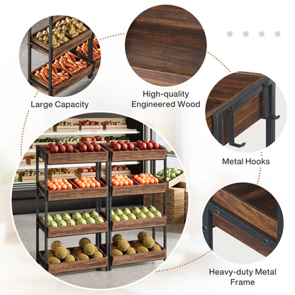 Tribesigns 4-Tier Retail Display Rack Set of 6, Heavy-Duty Commercial Display Stand for Candy, Vegetables, Snacks, Industrial Storage Shelf with Hooks for Retail Store (6, Brown+Black)