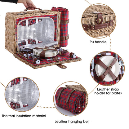 HYBDAMAI Wicker Picnic Basket for 4 with Waterproof Picnic Blanket and Insulated Cooler, Willow Hamper for Camping, Outdoors, Photoshoot, or a Birthday, Valentine’s Day, Wedding Gift