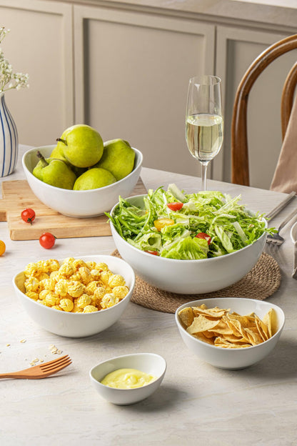 Familywood Porcelain Serving Bowls set for Entertaining, 3-11-20-32-50 Ounce, Scratch Resistant, 5 Piece Serving Bowl Set, Prep Salad Bowls for Christmas Thanksgiving, Dishwasher Safe, Pure White